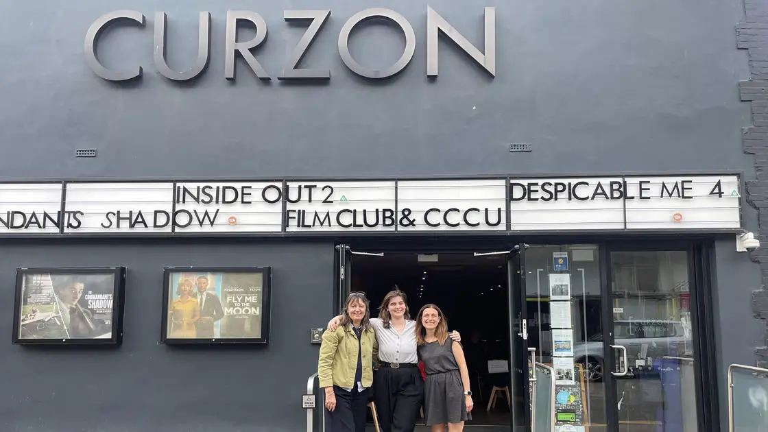 Senior Lecturer in Film Jane Milton, Emily Morgan Curzon Canterbury Westgate Manager and Dr Susan Civale standing standing outside the cinema