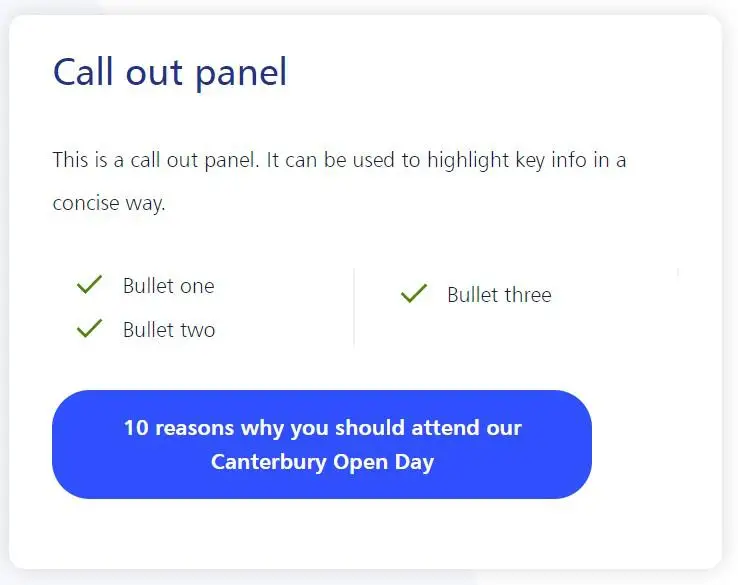 A call out panel on the front end of the website