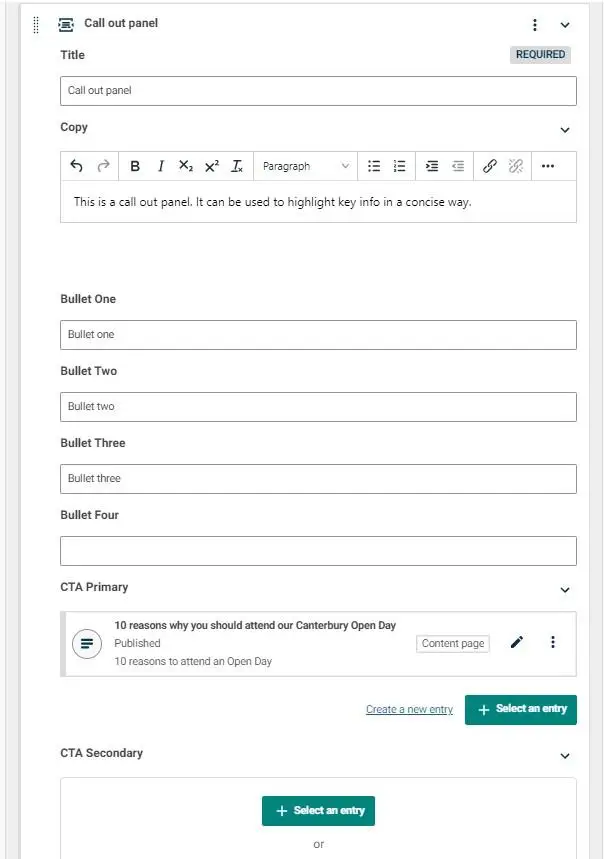 A call out panel in the backend of Contensis