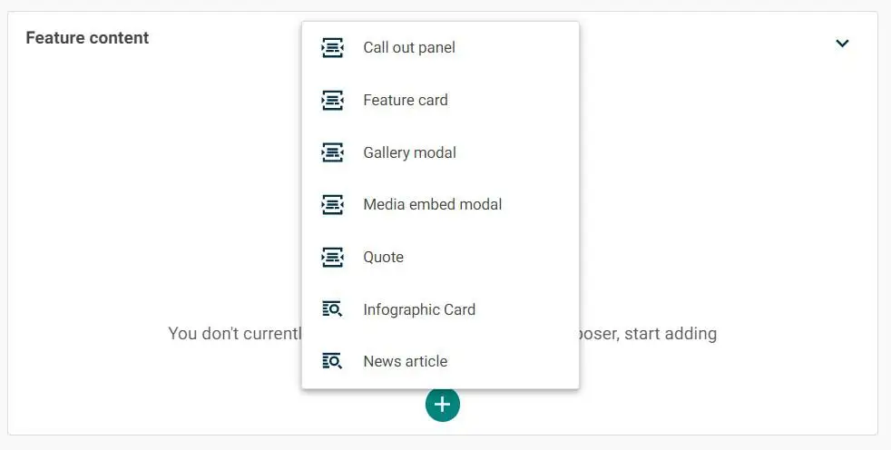 Feature panel with feature content button highlighted