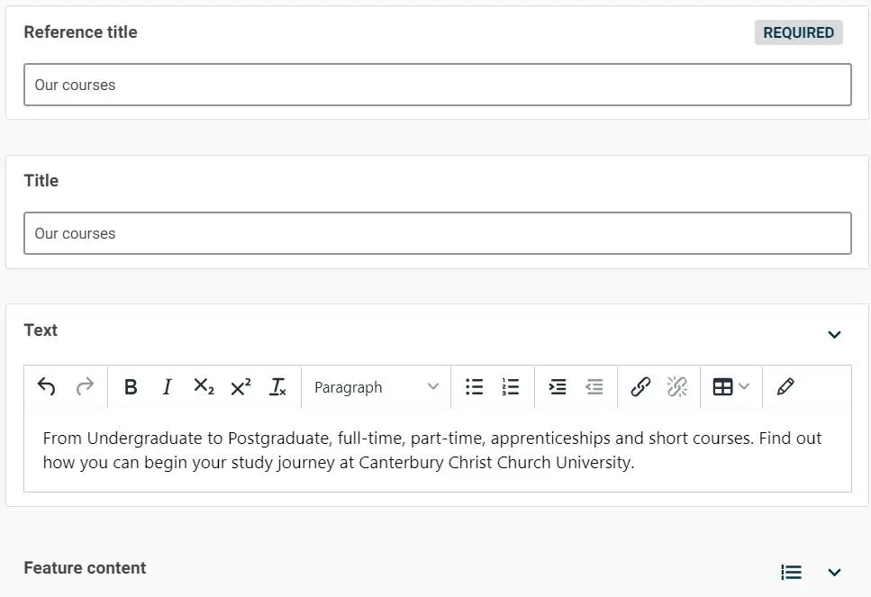 A feature panel entry in the back end of Contensis