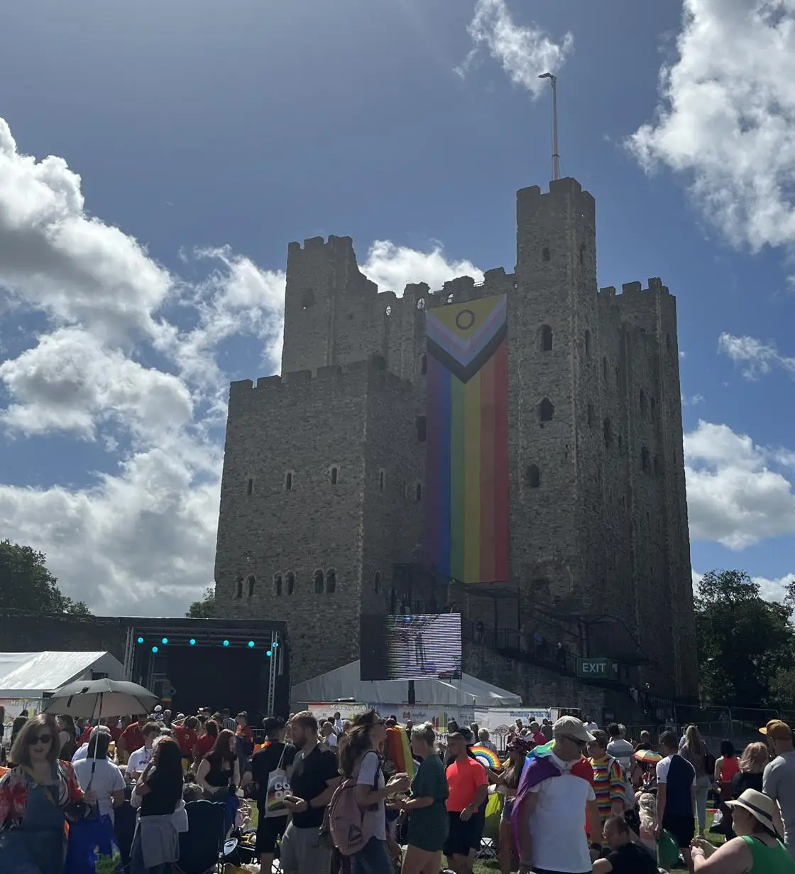 Rochester Castle and Medway Pride stage and crowds