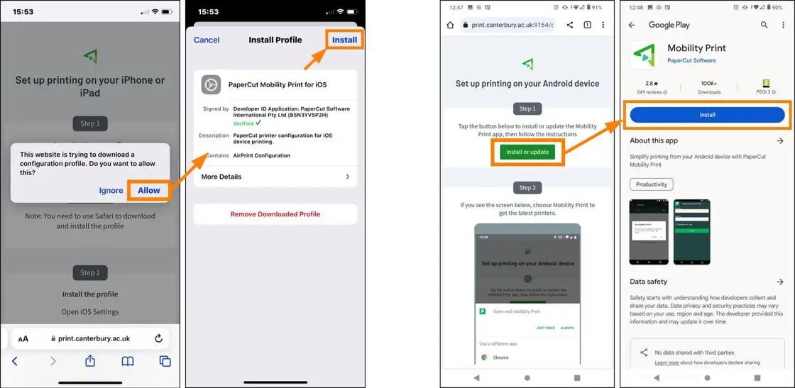 Screenshots of the Mobility Print installation process on an iPhone and an Android Phone.