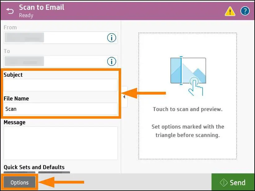 A screenshot of the Scan to Email screen, with the Subject, File Name, and Options buttons highlighted.