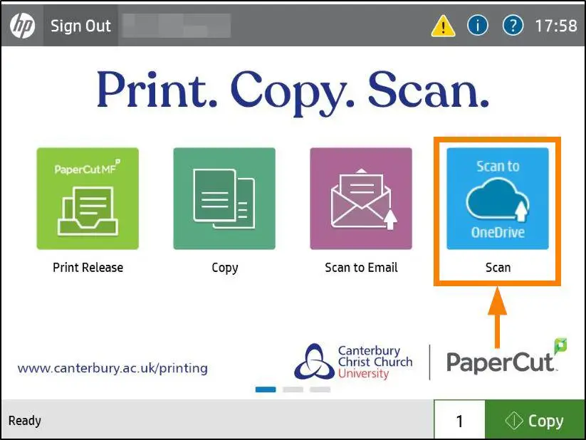 The 'Scan to OneDrive' button on the MFD printer.