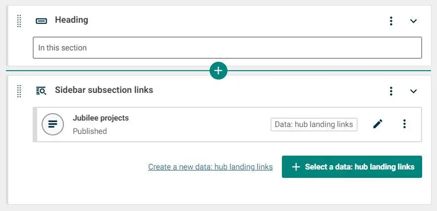 Sidebar Subsection links in the backend of Contensis. 