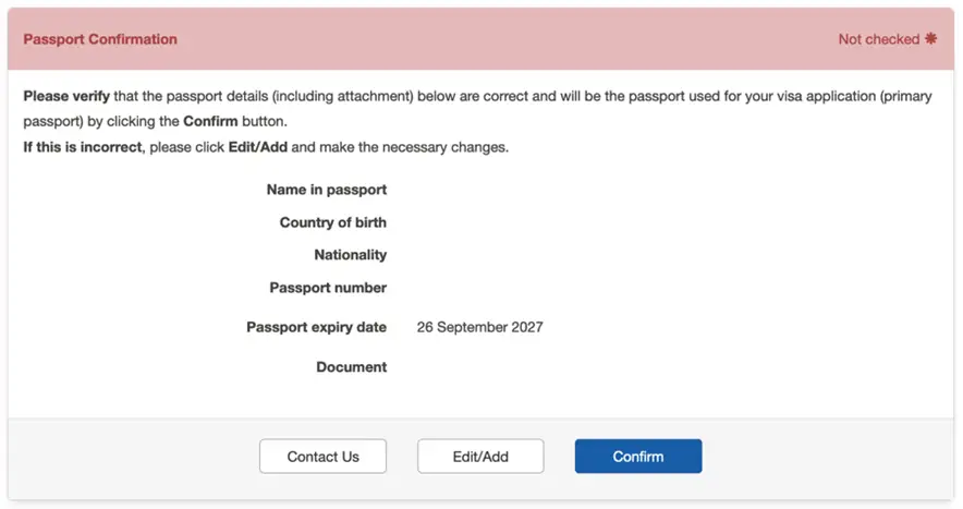MyRecord Passport confirmation section screenshot