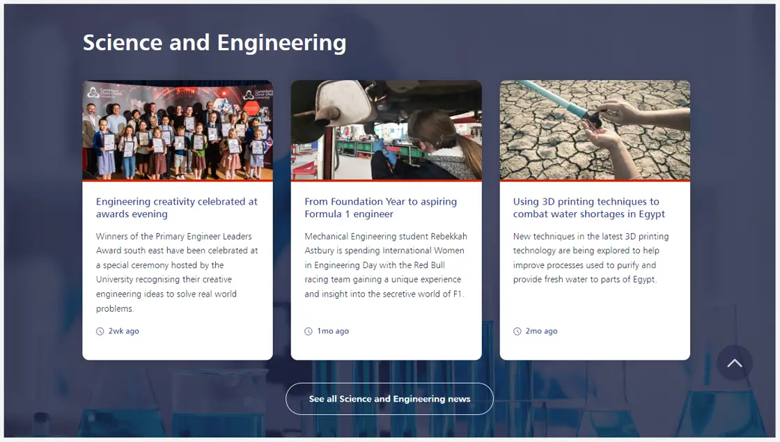 Screenshot of Science and Engineering section on the News hub landing page