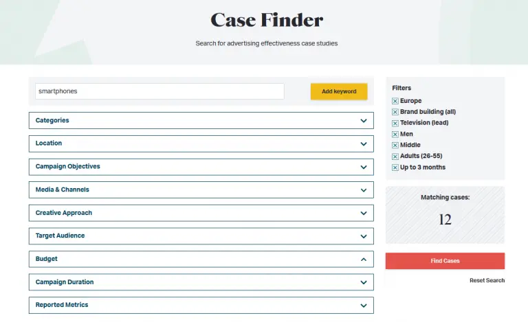 WARC case finder filter and keywords