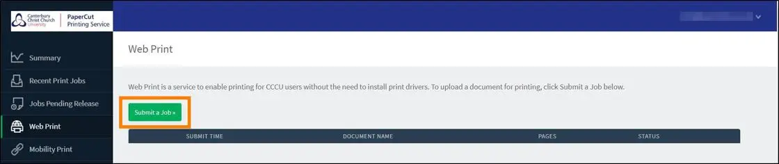 The 'Submit a Job' button on Web Print.