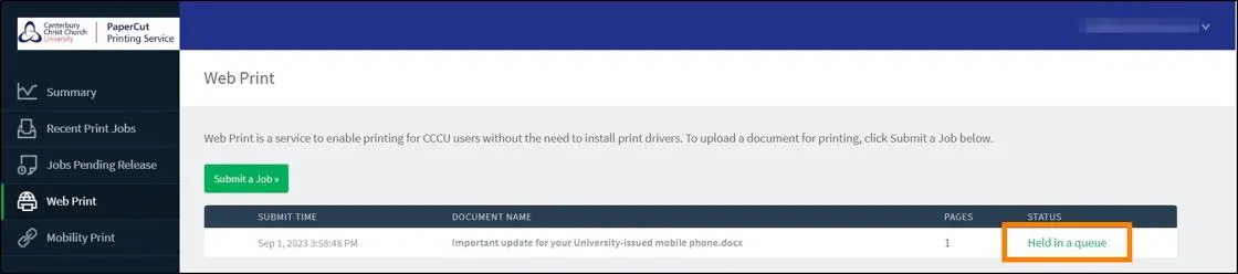 A file submitted to Web Print with the status 'Held in a queue'.